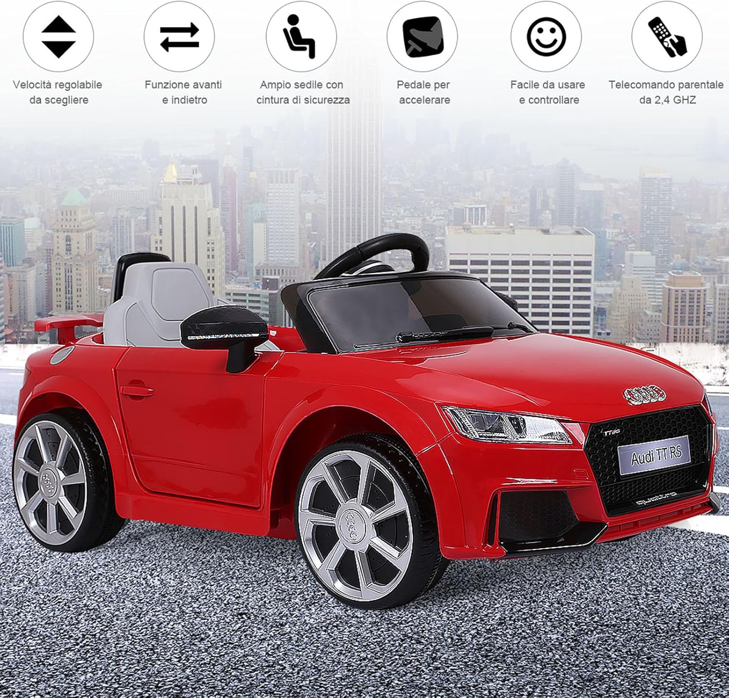 Audi 12V Auto Elettrica per Bambini, Macchina Elettrica con Velocità 2,5-5 km/ora, con Telecomando USB MP3 Luci LED (Rosso)