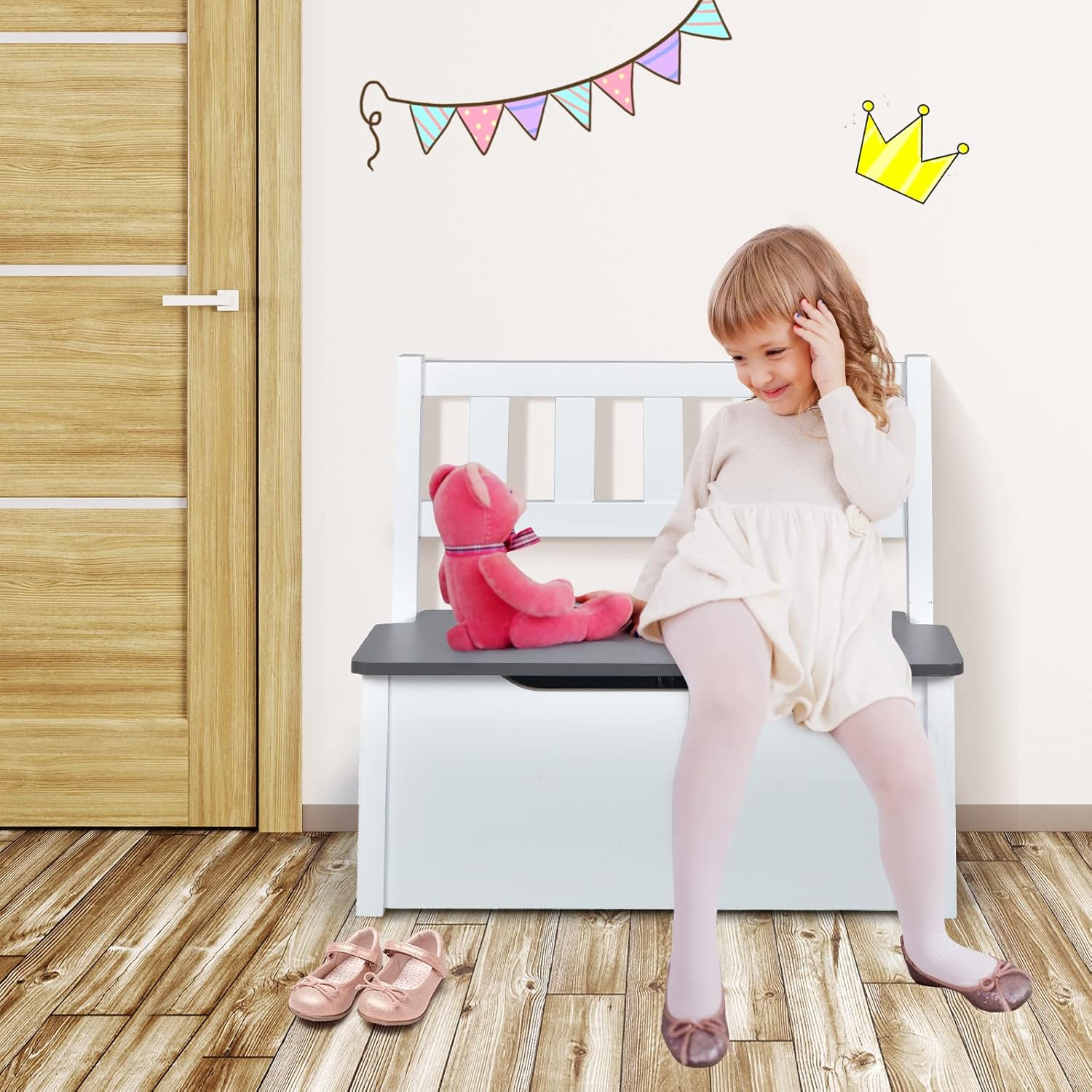 Set 4 Pezzi Tavolo e Sedie per Bambini, Set Tavolo Attività di Legno 2 in 1 per Bambini con 2 Sedie e 1 Panca, Per Bambini per Giocare Disegnare Leggere e Mangiare (Grigio)