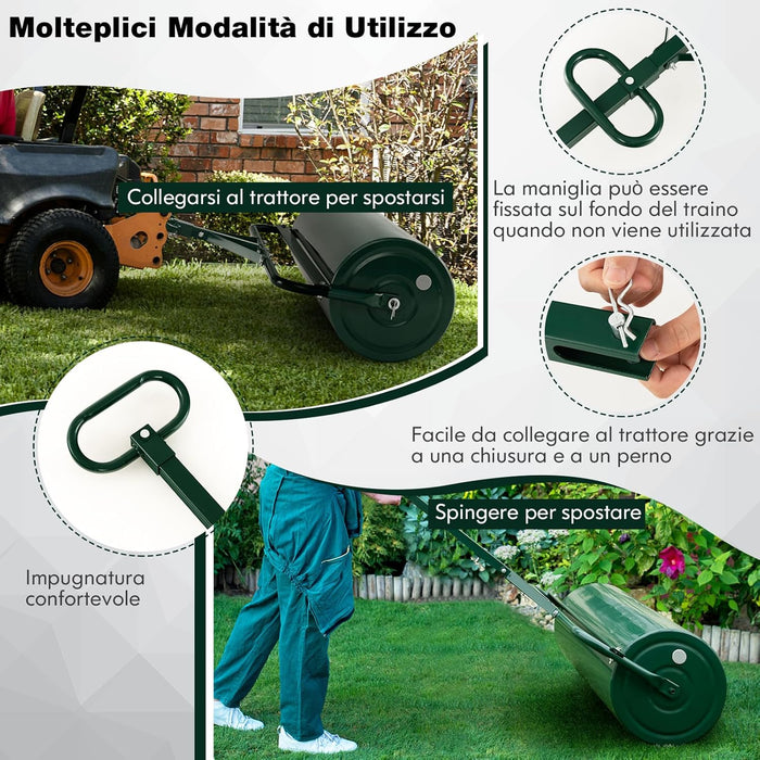 Rullo da Giardino per Prato 113 L 90 x 40 cm, Rullo per Prato in Metallo Riempibile di Acqua/Sabbia con Manico Antiscivolo, Ideale per Cortile, Parco e Fattoria (Verde)
