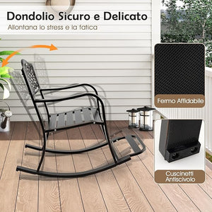 Sedia a Dondolo da Giardino Stile Rustico, Sedia da Esterno in Alluminio con Poggiapiedi, Schienale Decorativo e Braccioli, Dondolo per Giardino e Balcone, 102 x 62,5 x 89 cm, Marrone