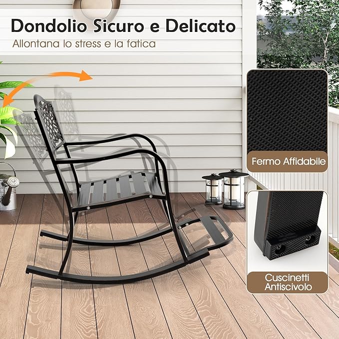 Sedia a Dondolo da Giardino Stile Rustico, Sedia da Esterno in Alluminio con Poggiapiedi, Schienale Decorativo e Braccioli, Dondolo per Giardino e Balcone, 102 x 62,5 x 89 cm, Marrone