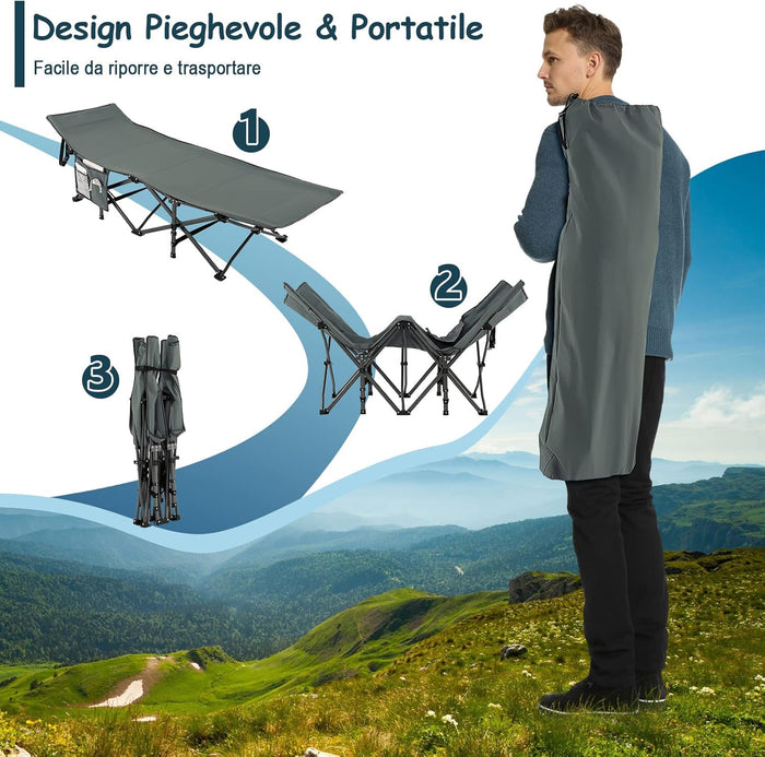 Brandina da Campeggio Pieghevole, Letto Portatile con Poggiatesta Inclinato, Tasca Laterale e Borsa di Trasporto, Branda Campeggio per Backpacking, Ospiti e Pesca, Portata 272 kg