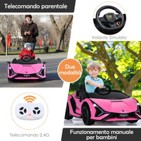 Macchina Elettrica Lamborghini per Bambini da 12V, Veicolo Elettrico Cavalcabile con Luci LED MP3 Telecomando, Fino a 5km/h, +3 Anni (Rosa)