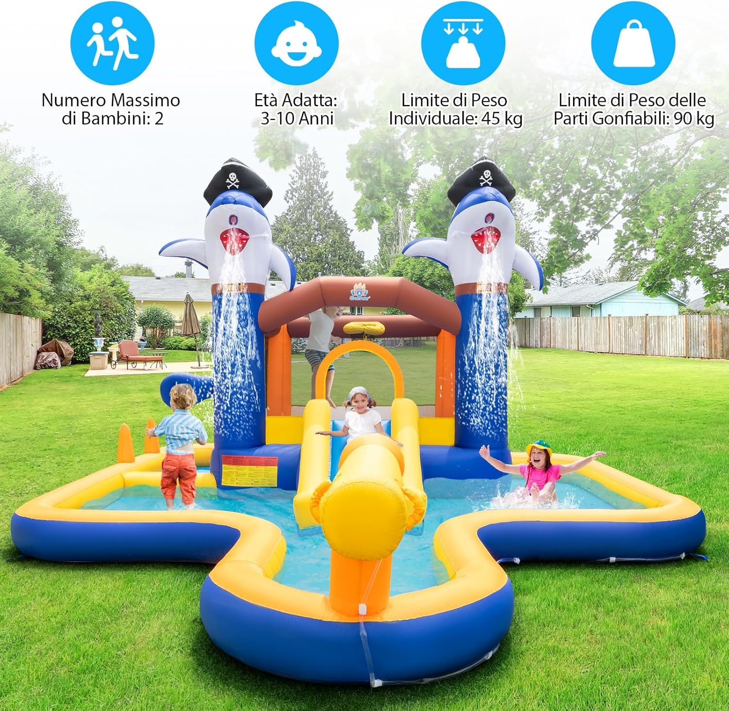 Castello Gonfiabile, Casa Gonfiabile con Scivolo, Piscina， Trampolino e Cannone d'Acqua, per Bambini di 3-10 Anni, 578 x 408 x 250 cm