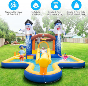 Castello Gonfiabile, Casa Gonfiabile con Scivolo, Piscina， Trampolino e Cannone d'Acqua, per Bambini di 3-10 Anni, 578 x 408 x 250 cm