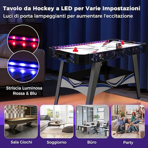 Air Hockey da Tavolo con 2 Spintori e Dischi, Piedini Regolabili, Tavolo da Hockey Alimentato con 12V Motore e Tabellone Segnapunti LED, Tavolo Hockey da Interno 137 x 65 x 86 cm