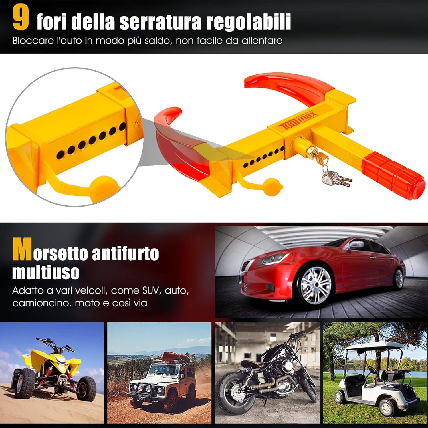 Blocco Ruota Auto Antifurto Bloccaggio per Pneumatico Ruote con 3 Chiavi