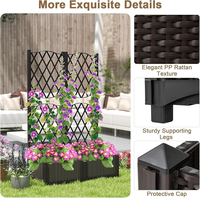 Fioriera con Spalliera da Esterno in PE, Vaso Rettangolare da Giardino con Auto-Irrigante e Fori di Drenaggio, Fioriera con Grigliato per Rampicanti da Balcone (Marrone, 80 x 40 x 122 cm)