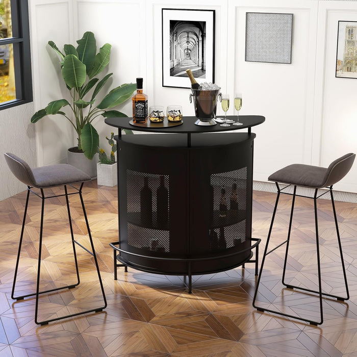 COSTWAY Tavolo Bar Semicircolare 110,5 x 48 x 112,5cm, Bancone Bar a 4 Ripiani con Scaffali di Stoccaggio e 3 Supporti per Calici, Piano Curvo, Fronte in Metallo Perforato e Poggiapiedi, Nero