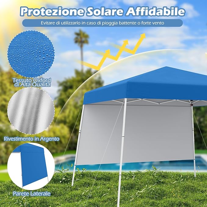 Gazebo Pop-up da Esterno 3 x 3 m, Gezebo Pieghevole con 1 Parete Laterale, Zaino Portatile e 4 Picchetti, Tendone Impermeabile e Resistente per Campeggio e Feste (Blu)