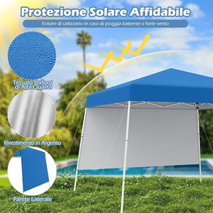 Gazebo Pop-up da Esterno 3 x 3 m, Gezebo Pieghevole con 1 Parete Laterale, Zaino Portatile e 4 Picchetti, Tendone Impermeabile e Resistente per Campeggio e Feste (Blu)