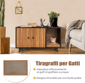 Mobile per Lettiera per Gatti 90 x 50 x 50 cm, Cassetta Igienica per Gatti con Doppia Anta, Divisore, Ingresso Avvolgibile, Tiragraffi e Gambe di Metallo Solido (Marrone)