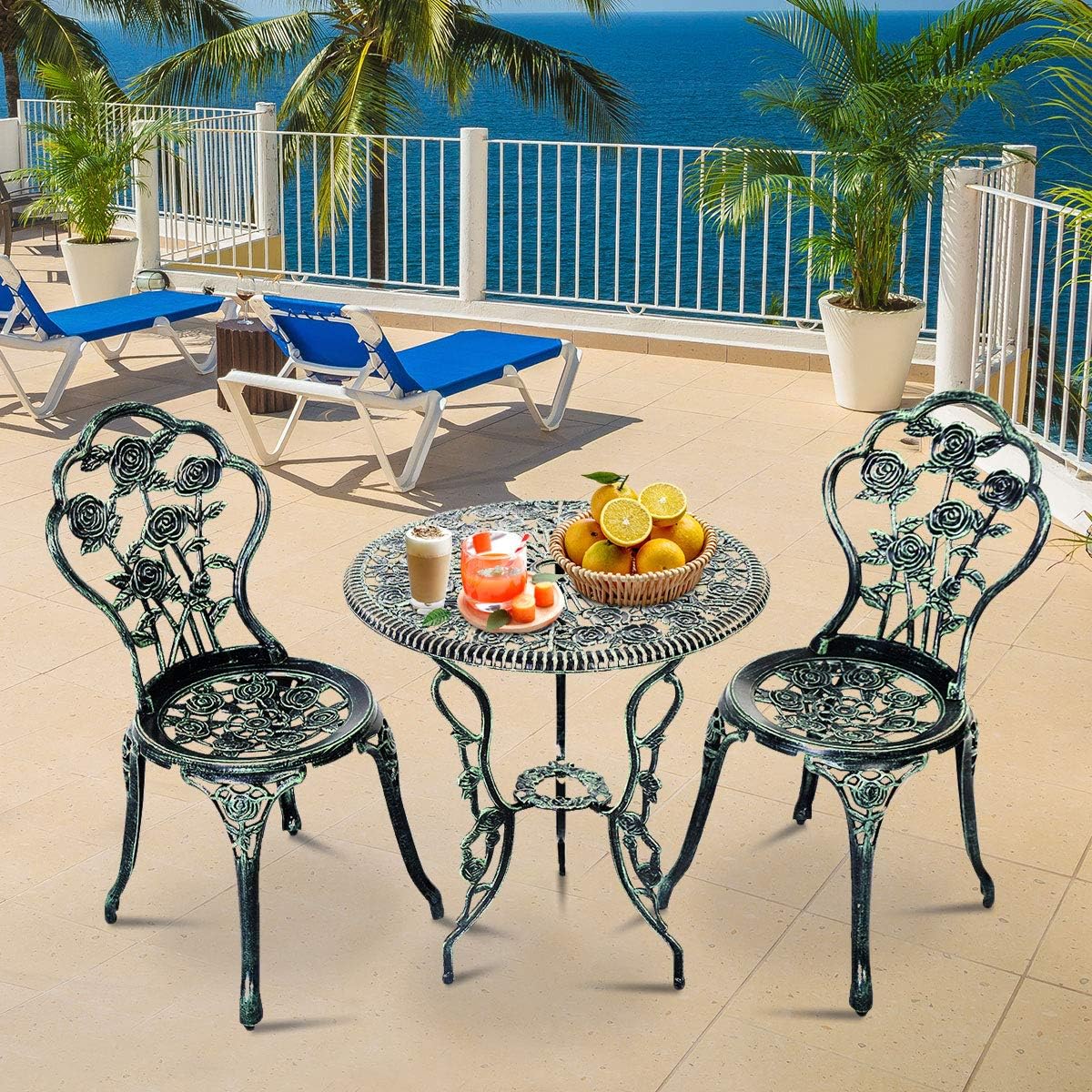 Set Tavolino e Sedie da Giardino, Set da Bistro con Sedie in Alluminio e Ghisa, Mobile da Esterno con Tavolino Rotondo e 2 Sedie, Tavolino Portato 45 kg, Sedia Portata 150 kg (Verde)