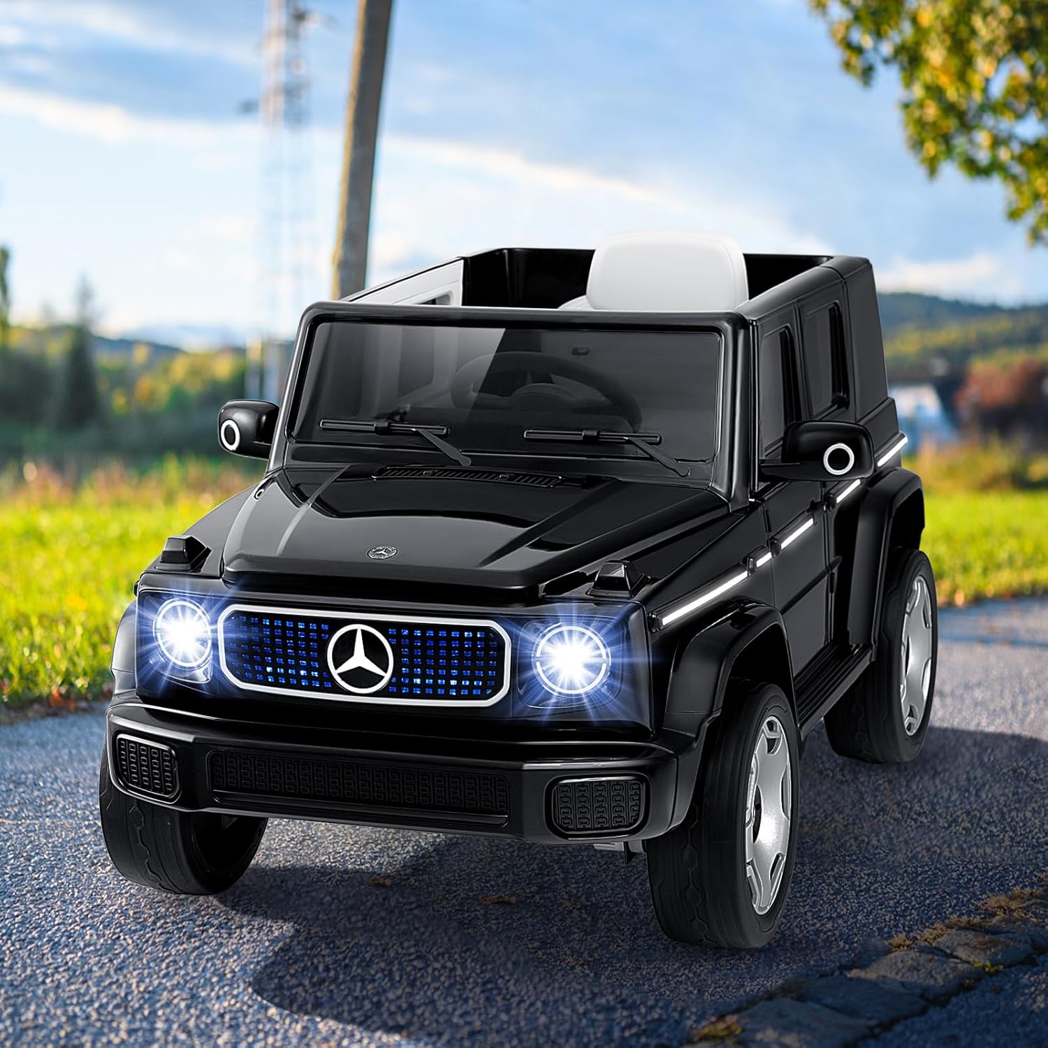 Benz Auto Cavalcabile per Bambini, Veicolo Elettrico 4WD con Telecomando Luci Musica e Clacson, Sospensione a Molla, 3-5 KM/H, per 37-96 Mesi (Nero)