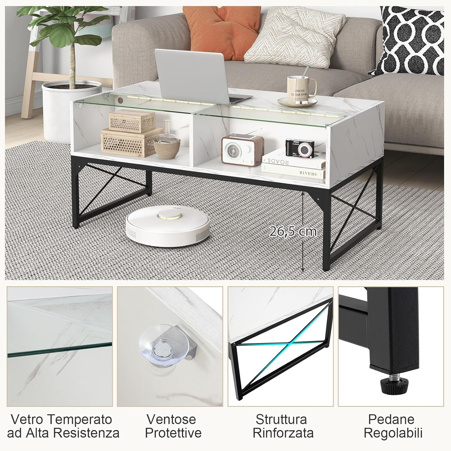 COSTWAY Tavolino da Salotto, Tavolino da Caffè da in Vetro e Legno con Luce LED Multicolore Regolabile a Telecomando e Ripiani, Tavolino per Soggiorno e Ufficio, 105 x 55 x 50 cm (Bianco)