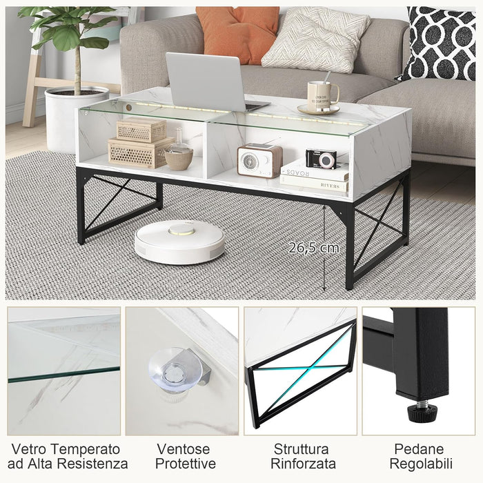 COSTWAY Tavolino da Salotto, Tavolino da Caffè da in Vetro e Legno con Luce LED Multicolore Regolabile a Telecomando e Ripiani, Tavolino per Soggiorno e Ufficio, 105 x 55 x 50 cm (Bianco)