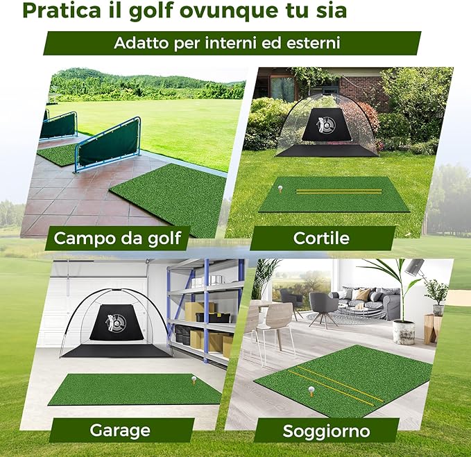 Tappeto da Allenamento Golf 3-in-1, Tappetino da Allenamento in Erba Sintetica con 2 Punte da Golf, 2 Aste di Allineamento e 3 Fori Preforati per le Punte