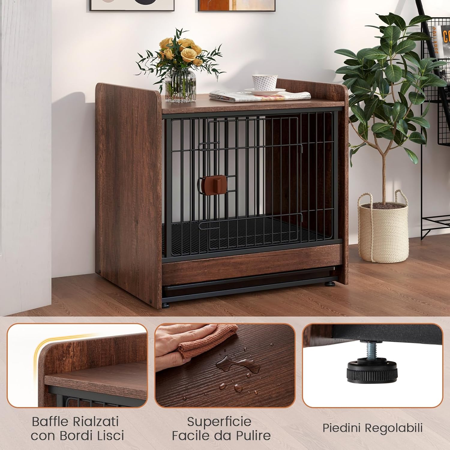 Gabbia per Cani, Cuccia per Cani da Interno con Vassoio Rimovibile e Porta Bloccabile, Casetta per Cani di Taglia Piccola e Media, 62 x 49,5 x 61 cm, Marrone