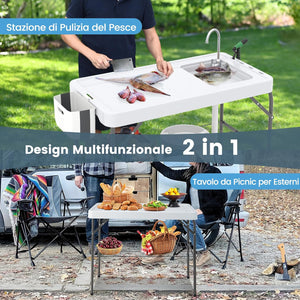 Tavolo da Pulizia del Pesce Pieghevole, Stazione di Lavoro da Esterno 2 in 1 con Lavello, Tavolo da Campeggio con Lavandino, Ugello a Spruzzo, per Campeggio Picnic