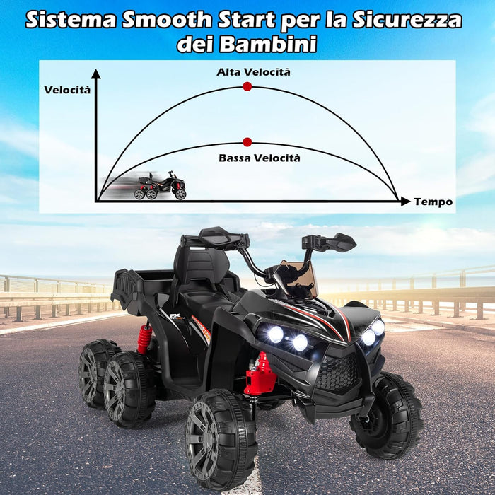 12V Quad Elettrico per Bambini, Macchina Elettrica per Bambini con 6 Ruote 4 Motori Baule Posteriore Luci LED e Musica, Trazione Integrale, 3-6 km/h, 3 Anni+ (Nero)