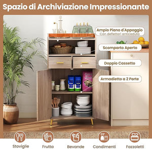 Mobiletto Bagno Salvaspazio 60 x 30 x 113 cm, Credenza Soggiorno con Ante, 2 Cassetti e Ripiano Regolabile, Armadietto da Cucina per Sala da Pranzo e Lavanderia (Grigio)