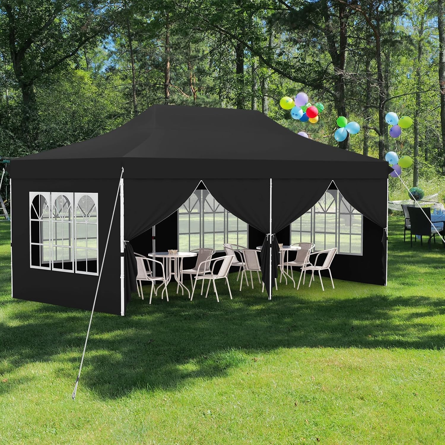 Gazebo da Giardino 3 x 6 m, Tendone per Feste con 6 Pannelli Laterali Rimovibili, con Borsa da Trasporto, Design Pop-up, per Matrimonio Eventi e Barbecue (Nero)