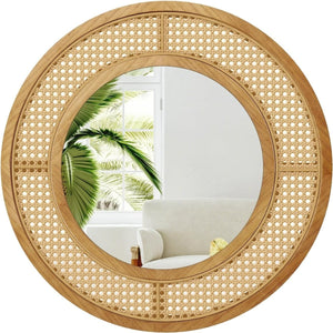 Specchio da parete in rattan con cornice in legno, Specchio decorativo rotondo bohemien da parete 65 x 65 cm-Specchi da parete
