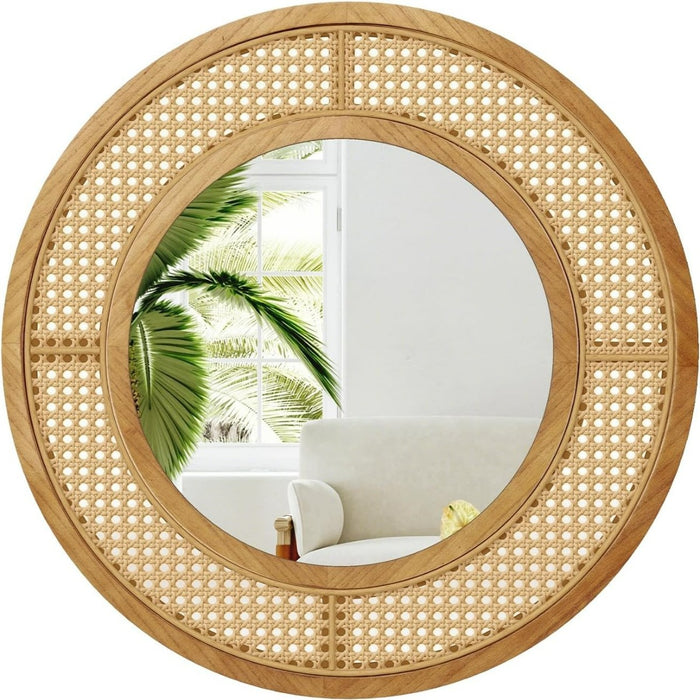 Specchio da parete in rattan con cornice in legno, Specchio decorativo rotondo bohemien da parete 65 x 65 cm-Specchi da parete