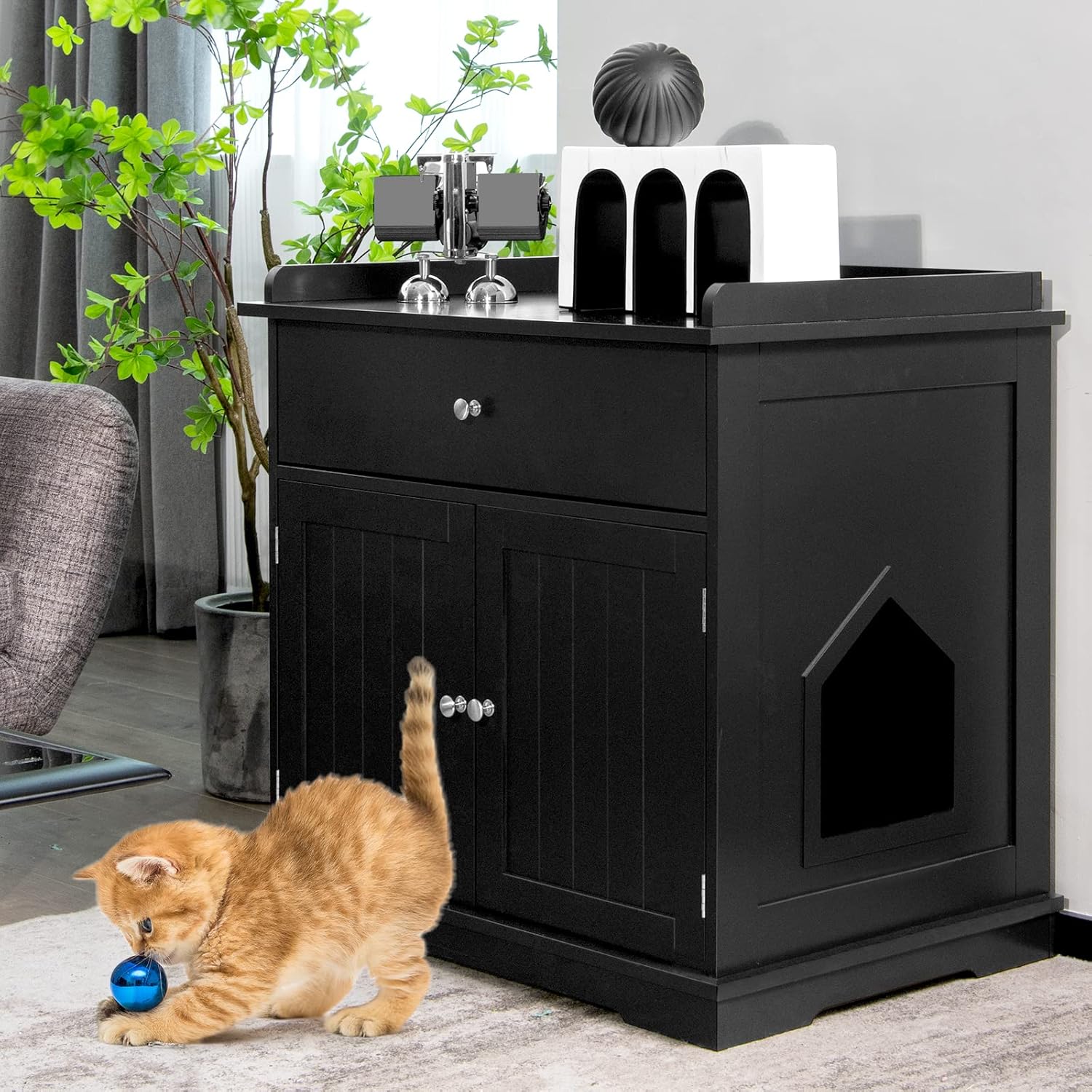 Mobile per Lettiera Gatti in Legno, con Portaoggetti, 2 Ante, Cassetto e Ingresso Laterale, Mobiletto Multiuso per Ingresso e Soggiorno, 76 x 53 x 74 cm, Carico Massimo 30 kg (nero)