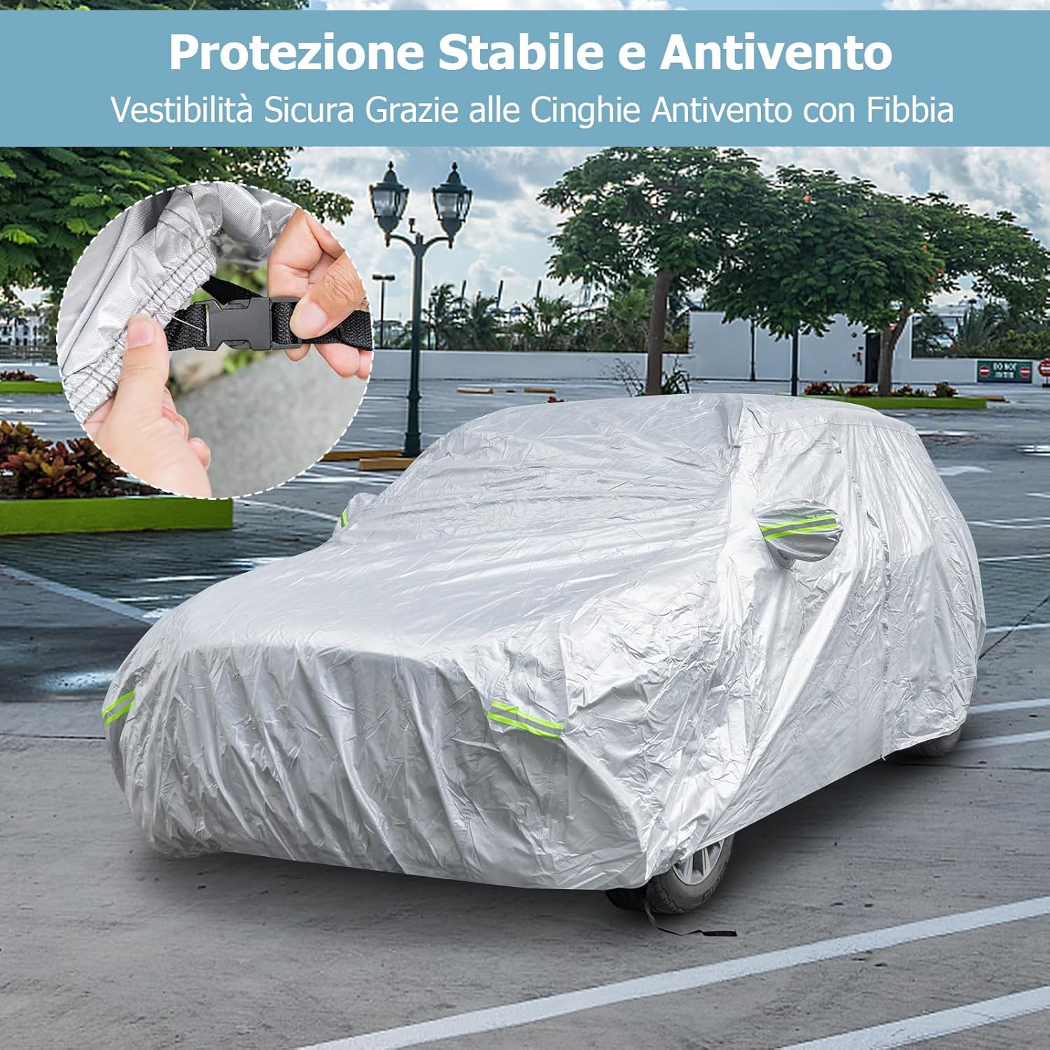 Copertura Auto con Porta a Zip, Serratura, Copertura per Auto con Strisce Riflettenti, Copertura Universale per Esterni per Auto (492 X 191 X 154 cm)