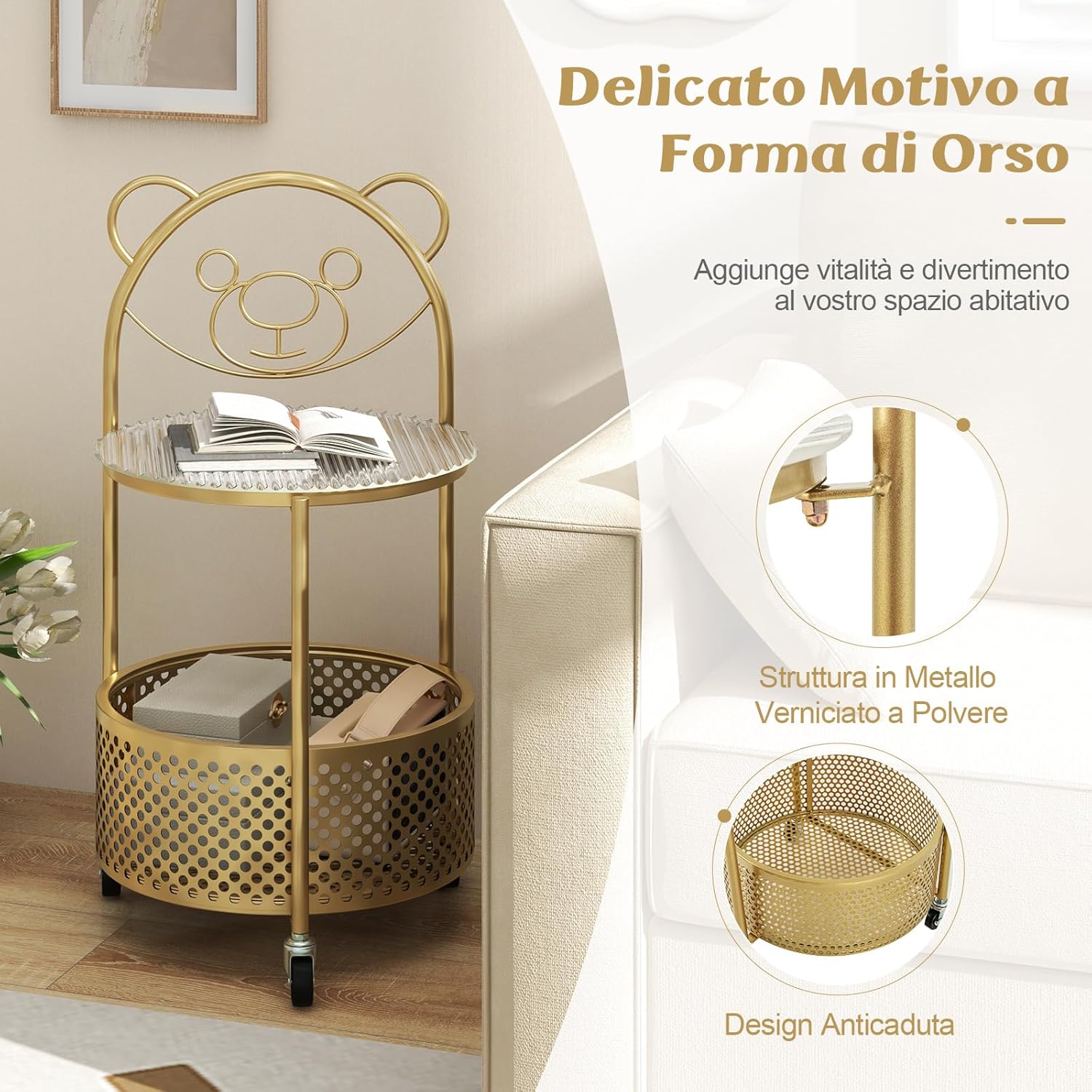 Tavolino da Caffè in Vetro, Tavolino Laterale a 2 Piani con Ruote, Motivo ad Orso, Cestino e Struttura in Metallo, Tavolino per Soggiorno, Camera da Letto e Studio (Oro)