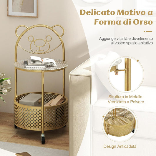 Tavolino da Caffè in Vetro, Tavolino Laterale a 2 Piani con Ruote, Motivo ad Orso, Cestino e Struttura in Metallo, Tavolino per Soggiorno, Camera da Letto e Studio (Oro)