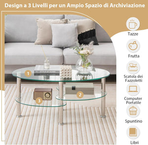 Tavolino da Salotto in Vetro Temperato Moderno, Tavolo Basso e Ovale con Piano Spazioso e 3 Livelli, Ideale per Soggiorno e Ufficio, 89 x 49 x 45 cm (Trasparente)