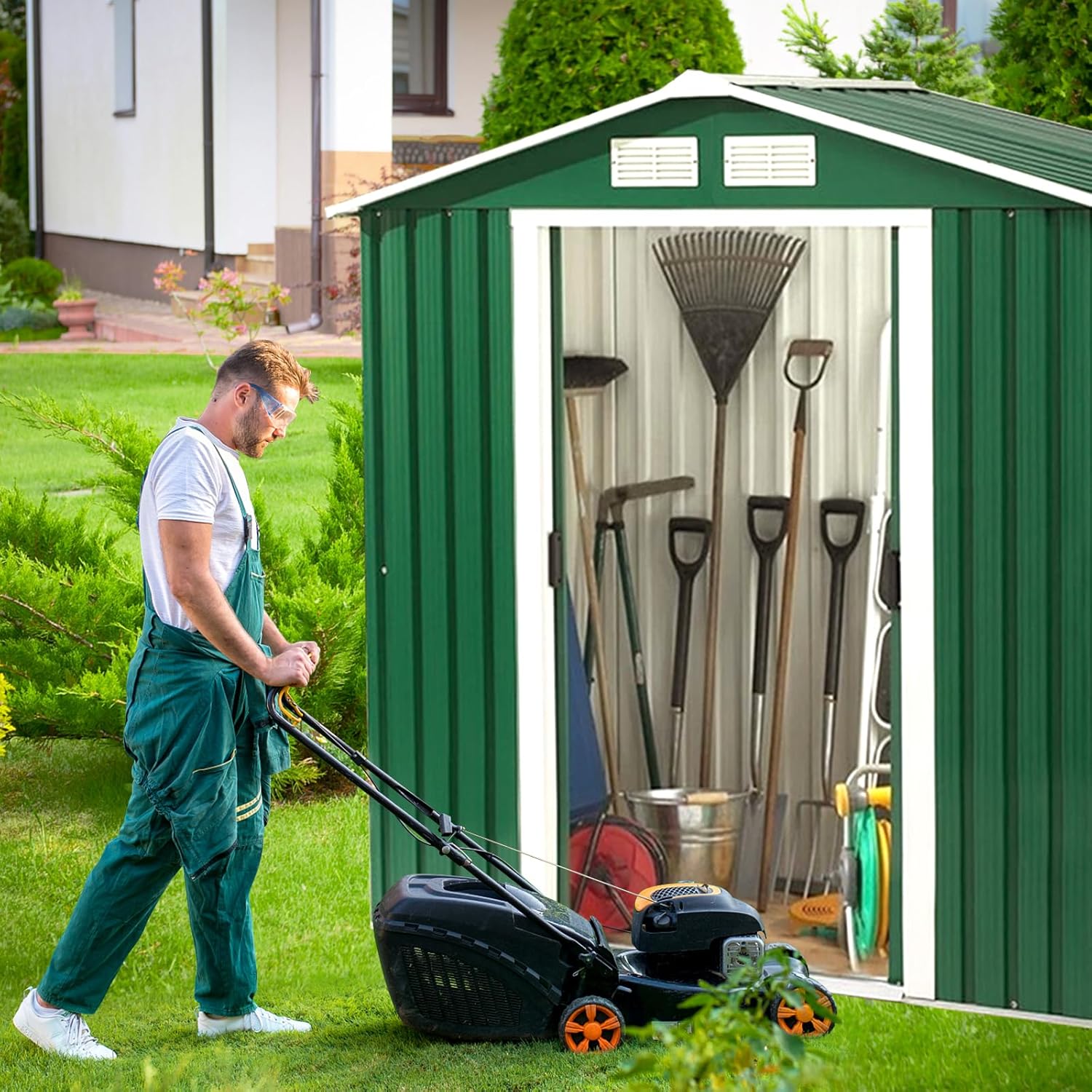 Casetta da Giardino in Acciaio 2,7㎡, con Base, Porte Scorrevoli, Maniglie, Sfoghi e Tettoia, Capanno da Esterno per Giardino, Fattoria e Cortile, 213 x 127 x 185 cm (Verde Scuro)