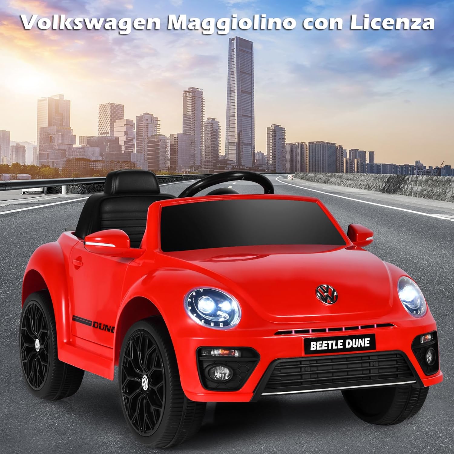 12V Volkswagen Macchina Elettrica per Bambini, Auto Elettrica con Telecomando Luci Musica Doppia Porta, 5km/h Carico 30kg, per Bambini 3-8 Anni (Rosso)