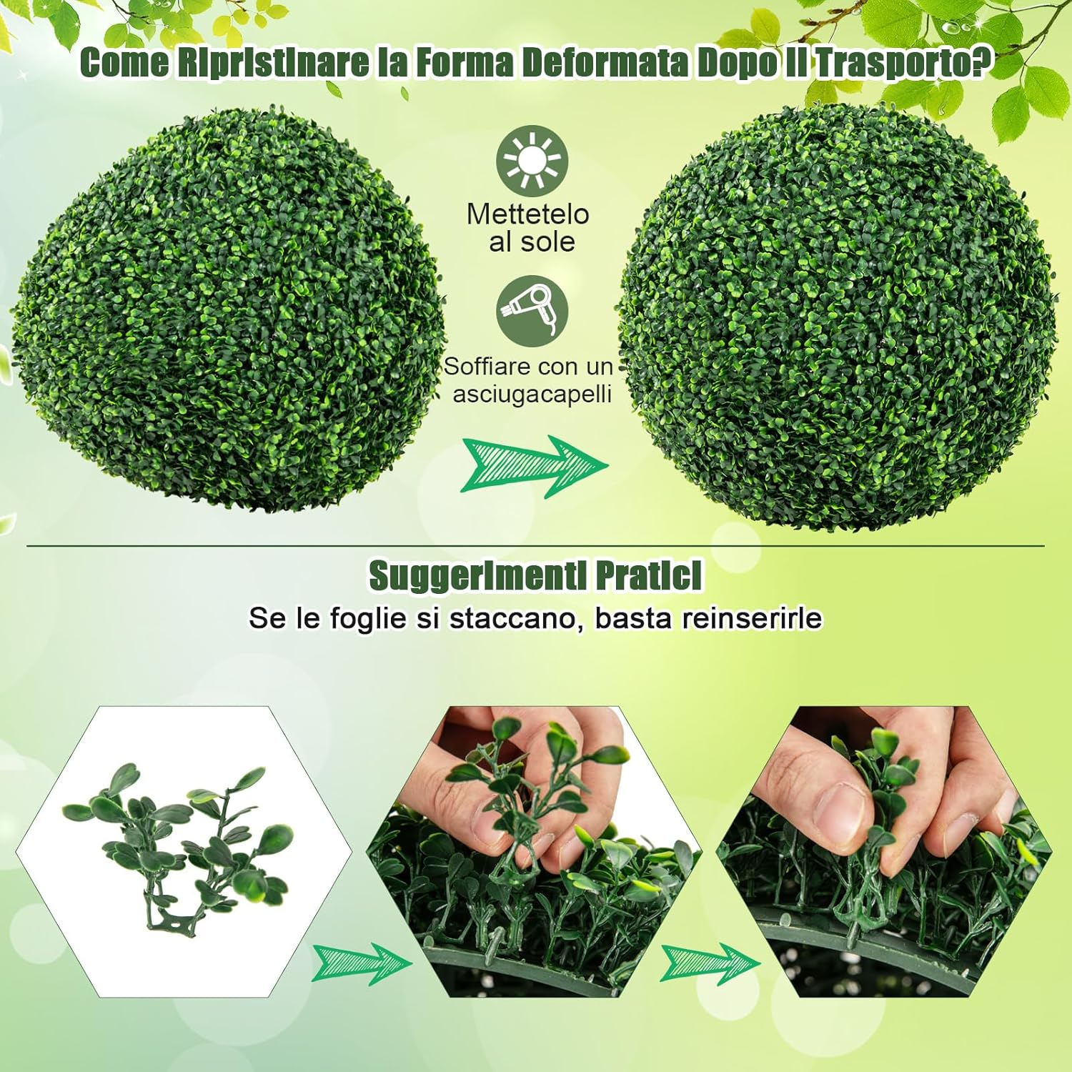 Set di 2 Sfere Topiarie in Bosso Artificiale 50 cm, Sfere Topiarie Protettive dal Sole, Piante Finte Decorative per Giardino, Ingresso, Balcone e Cortile