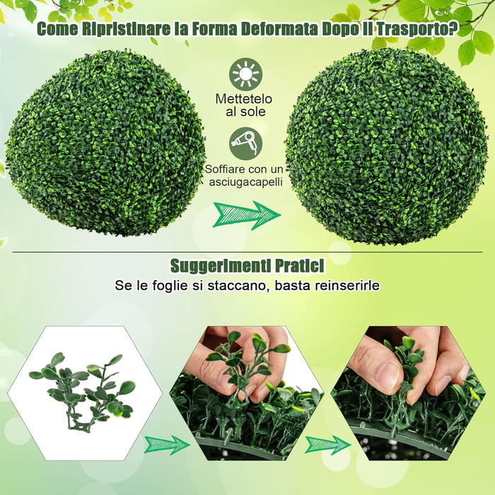 Set di 2 Sfere Topiarie in Bosso Artificiale 50 cm, Sfere Topiarie Protettive dal Sole, Piante Finte Decorative per Giardino, Ingresso, Balcone e Cortile