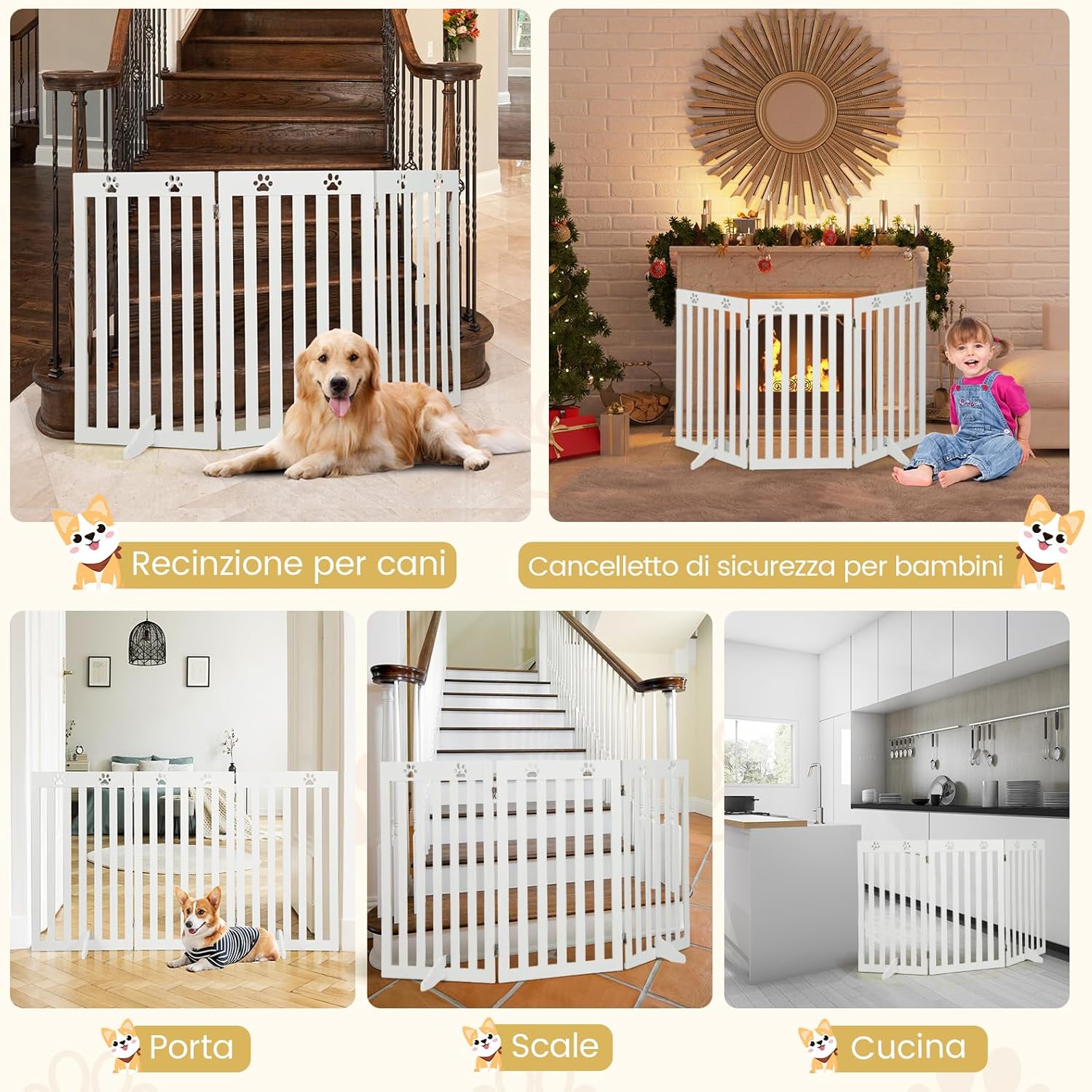 Cancelletto per Cani di Legno Pieghevole, con 3/4 Pannelli e Cuscinetti Antiscivolo, Ideale per Scale e Porta d'Ingresso,151,5 x 89,5 cm (Bianco, 3 Pannelli)