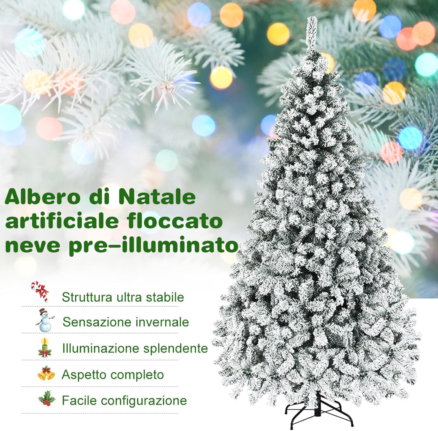 Albero di Natale Innevato 180/225 cm, Albero di Natale con 250/450 Luci a LED Bianco Caldo, 600/1010 Rami Folti e Base Metallica, Ideale per Casa, Ufficio e Negozio (225 CM)