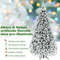 Albero di Natale Innevato 180/225 cm, Albero di Natale con 250/450 Luci a LED Bianco Caldo, 600/1010 Rami Folti e Base Metallica, Ideale per Casa, Ufficio e Negozio (225 CM)