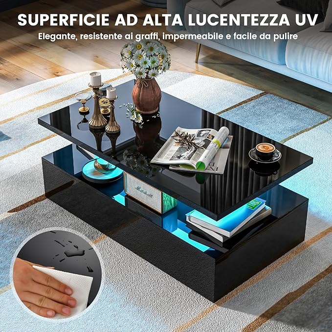 Tavolino da Caffè a LED a 2 Livelli con Colori della Luce Regolabili Velocità e Luminosità e Telecomando, Tavolo da Salotto Rettangolare e Moderno per Soggiorno e Ufficio (Nero)
