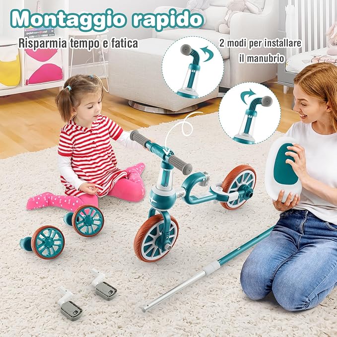 4 in 1 Triciclo per Bambini con Maniglia di Spinta, Triciclo per Bambini Bicicletta Equilibrio con Maniglia, Sedile Regolabili e Pedali Rimovibili, per 2-4 anni (Verde)
