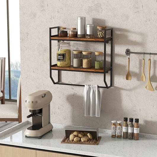 Scaffale a Muro 2 Livelli, Mensole a Parete con Barra Porta Asciugamani e Telaio in Metallo, Scaffale da Parete per Bagno Soggiorno Cucina, Stile Industriale, 59x20x58 cm