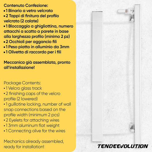 Bastone Binario per Tenda A Pacchetto A Vetro Professionale a 3 Calate in Alluminio Bianco Lunghezza 140 CM Comando a destra, attacco soffitto
