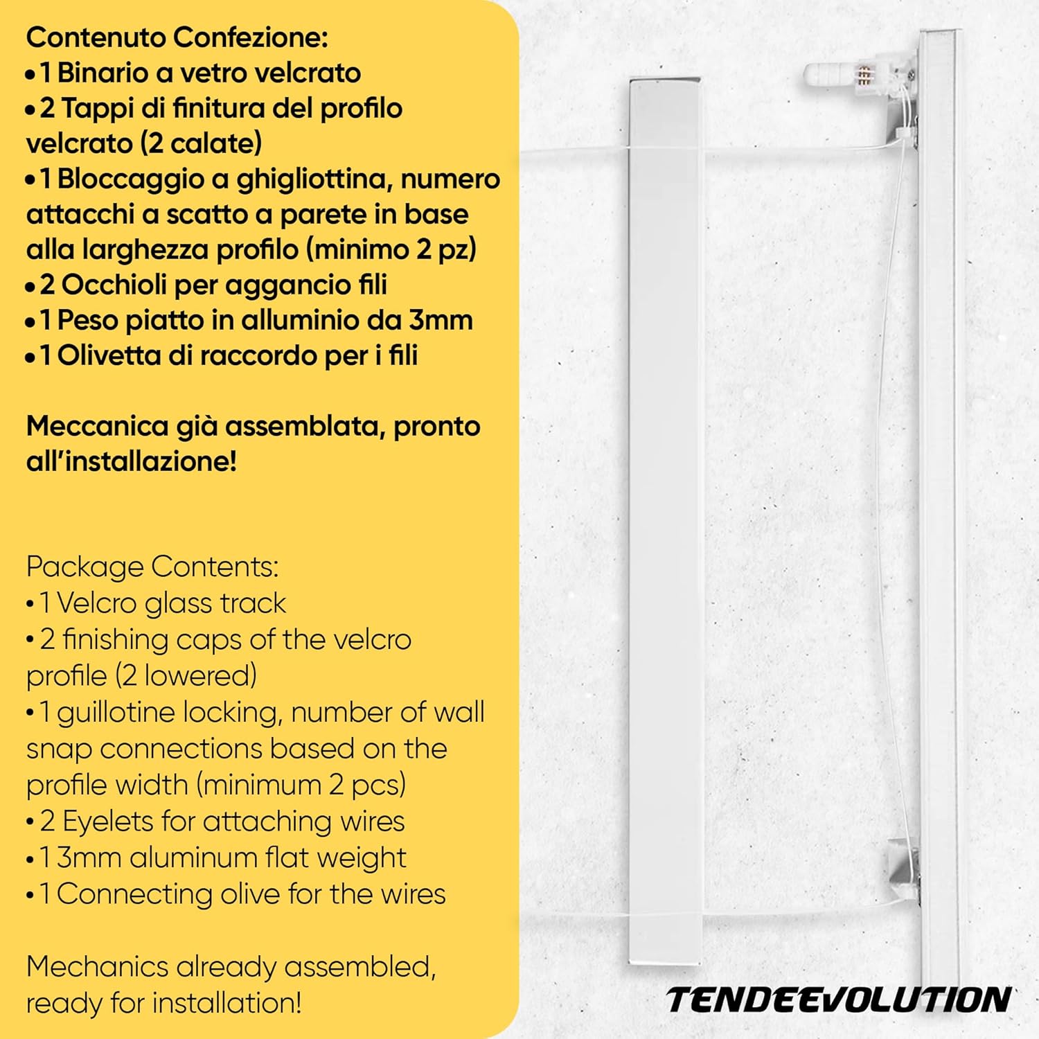 Bastone Binario per Tenda A Pacchetto A Vetro Professionale a 2 Calate in Alluminio Bianco Lunghezza 80 CM Comando a sinistra, attacco soffitto