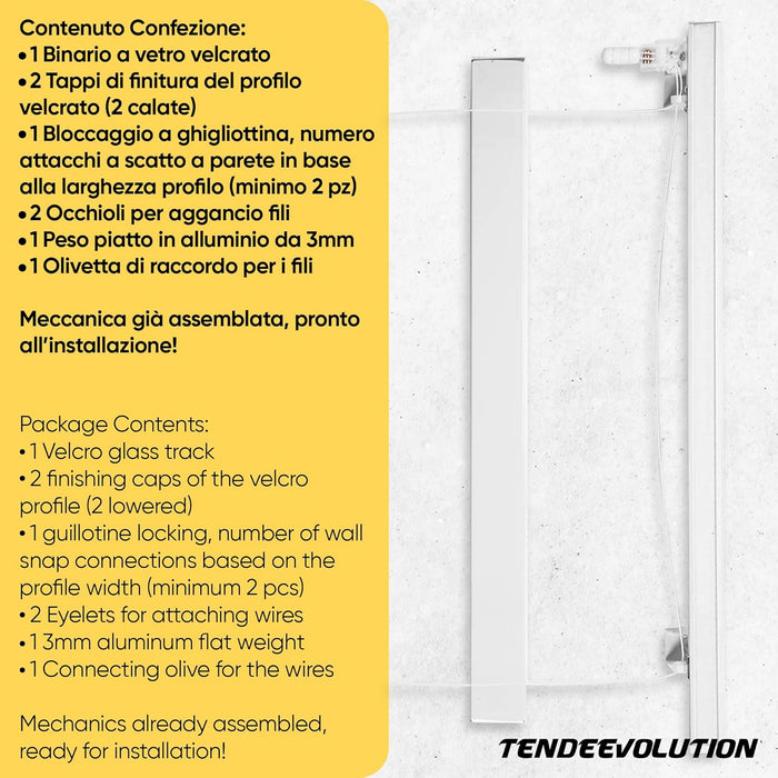 Bastone Binario per Tenda A Pacchetto A Vetro Professionale a 3 Calate in Alluminio Bianco Lunghezza 110 CM Comando a sinistra, attacco serramento