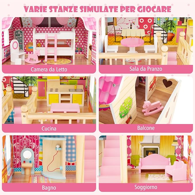 Casa delle Bambole in Legno, Casetta delle Bambole per Bambini, 3 Piani, 6 Stanze Simulate e 15 Pezzi di Mobili, Giocattolo per Bambini 3+ anni, Rosa