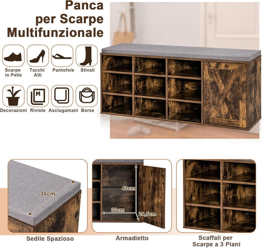 Panca Scarpiera da Ingresso, Scarpiera con Seduta Imbottito, 9 Scomparti e Armadio con Ante, Panca Contenitore con Ripiani Regolabili, per Camera da Letto Corridoio, 110,5x30x49 cm (Marrone)