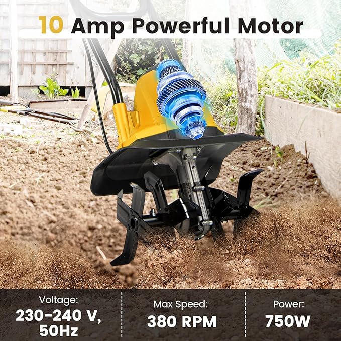 Motozappa Elettrica a Filo, Zappatrice da Giardino con Manico Ergonomico e Motore Forte, Motocoltivatore Pieghevole per Scavare Terreno del Prato (32,5 x 24 x 138 cm,Giallo)