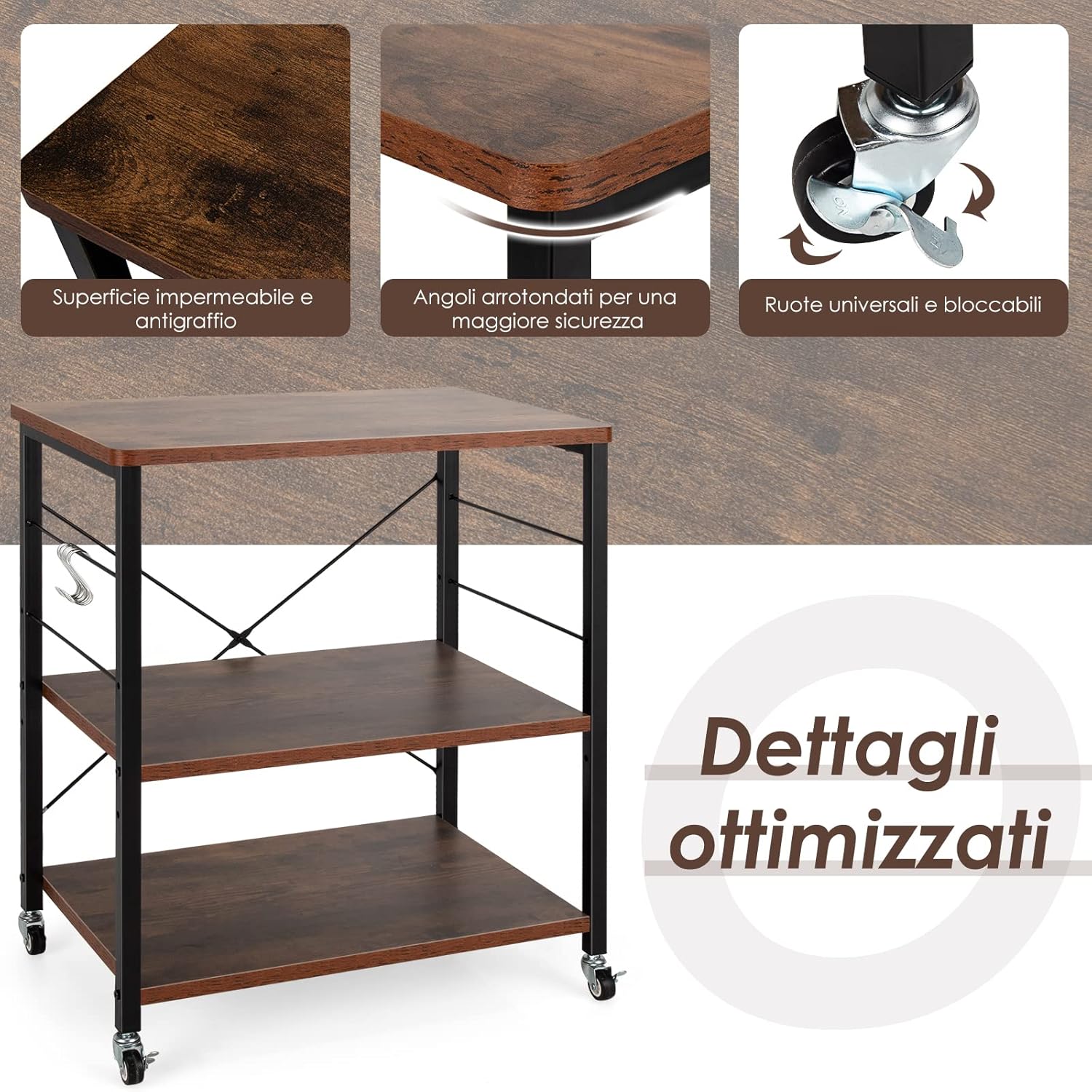 Carrello da Cucina con 10 Ganci Rimovibili, Scaffale per Pasticceria con 3 Livelli, Scaffale con Struttura di Metallo con Ruote Bloccabili per Bar Ristorante Hotel, 60 x 40 x 73,5 cm (Marrone)
